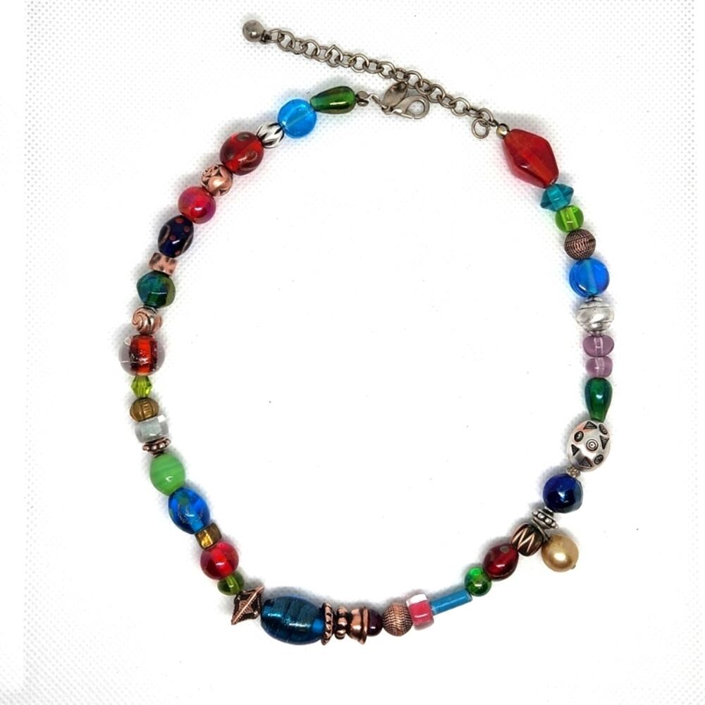 Chico's Multicolor Glass Bead Necklace 14" Boho Statement Choker Lobster